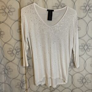 Women's Design History Shirt White V Neck 3/4 Sleeve Rhinestones Size Small